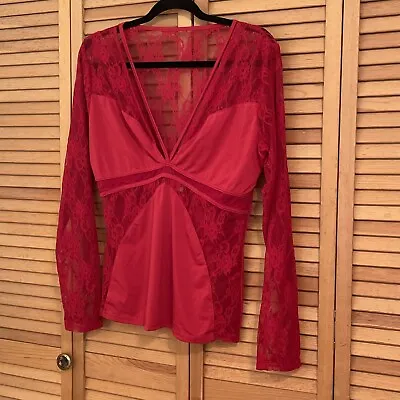$19.99 • Buy Venus Women's Size L Large Red Long Sleeve Lace Sleeve Sheer Strappy V Neck Top