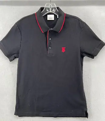 Burberry London Polo Shirt Mens Sz S Black Pique Red Logo Icon Placket Cotton • $95