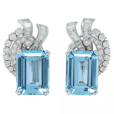 Mid-Century 18.44 CTW Aquamarine Diamond Platinum 14 Karat Gold Vintage Earrings • $8300