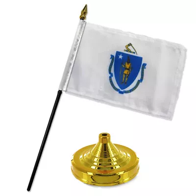 Massachusetts State Flag 4 X6  Desk Set Table Stick Gold Base • $6.94