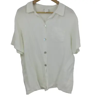 Match Point White 100% Linen Button Front Blouse Shirt Size L Lagenlook Classic • $23.70