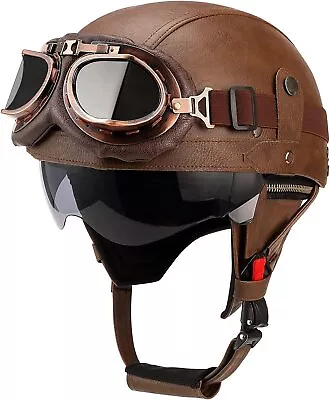 German Vintage Leather Motorcycle Retro Half Helmet Scooter Bike Cruiser+Goggles • $52.99