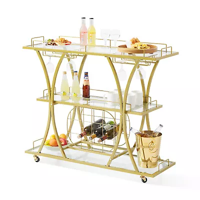 VEVOR 3 Tiers Gold Metal Bar Serving Cart With Wine Rack Glass Holder 180 LBS • $106.99