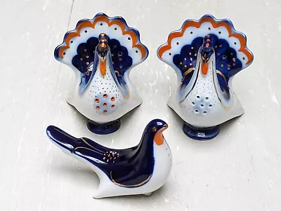 3 X Lomonosov Porcelain USSR Peacock Turkey Salt & Pepper Pots  Shakers + Bird • £35