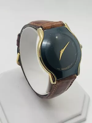 Vintage Mens Movado Museum Black & 18k Gold Plated Leather Wrist Watch NR • $76