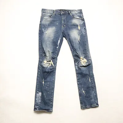 Decibel Men's Size 36x32 Blue Skinny Distressed Splatter Acid Wash Stretch Jeans • $17