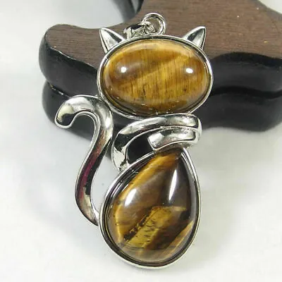 Natural Gemstone Cat Pendant Chakra Reiki Healing Stone Jewellery Gift • £3.59