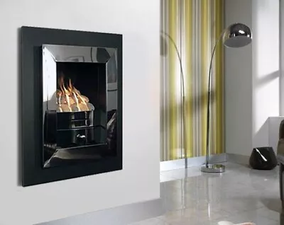 GAS FIRE 4kw CHROME BLACK INSET FULL DEPTH WALL MOUNTED GLASS COAL FUEL BED • £499.90