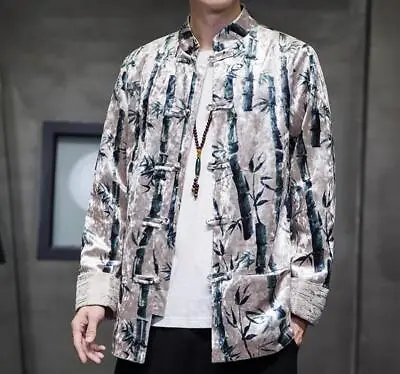 Men's Loose Printed Velvet Coats Fashion Chinese Style Stand Collar Long Sleeve • $55.01