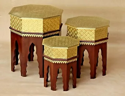 Wooden Nesting Table Set: Brass Fitted Indian Traditional Handmade Coffee Ends • $293.25