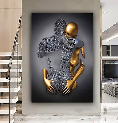 Silver Gold Metallic 3D Effect Couple Lovers Embrace Canvas Art Or Poster Print • £7.99