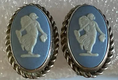 Wedgwood Van Dell Sterling Silver Blue & White Jasperware Screw Back Earrings • $29