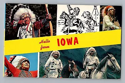 Hello From Iowa IA Indian Headdress Horses Bow Arrow Vintage Postcard 1950s • $6