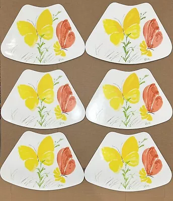 6 Vintage Vinyl Wedge Placemats 70s Vera Neumann Yellow & Coral Butterflies MCM • $24.99