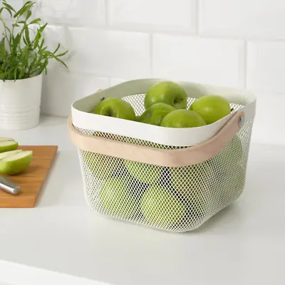 BRAND NEW IKEA RISATORP Wire Basket Wooden 9.75  Handle 10.25 Colour White • £34.22