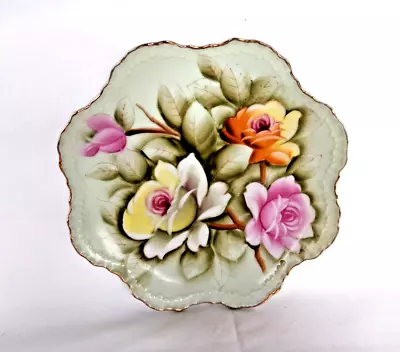 Lefton Hand Painted Heritage Green Roses Plate 22K Gold Scalloped Edge Japan • $16.99