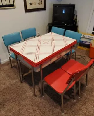 MCM 50s Table Chairs Set Red White Blue Enamel Top Extra Leafs Pick Up Only • $1200