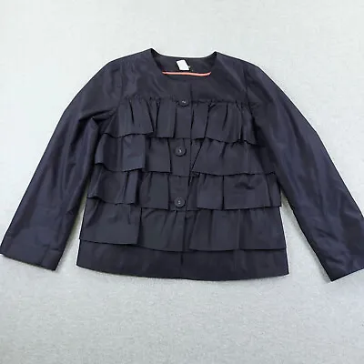 J Crew Jacket Womens 6 Navy Blue Silk Ruffle Tiered  Lined Long Sleeve Button Up • $28