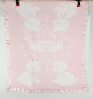 Vintage Baby Blanket Pink White Reversible Dogs Puppies Acrylic Satin Trim Crib • $23.20