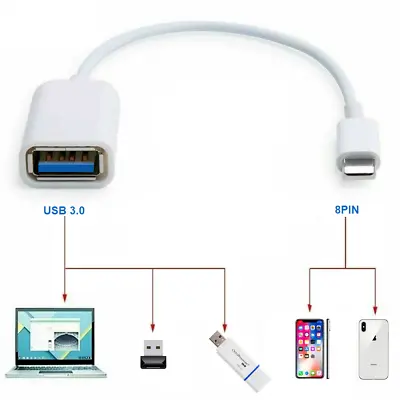 USB 3.0 Female To 8 Pin IPhone Male OTG Adapter Cable Camera For IPad Air IPhone • £4.99