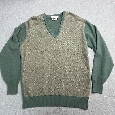 Vtg Frost Bros Sweater Mens Large Green Tan Pure Cashmere Scotland Knit V Neck • $49.77