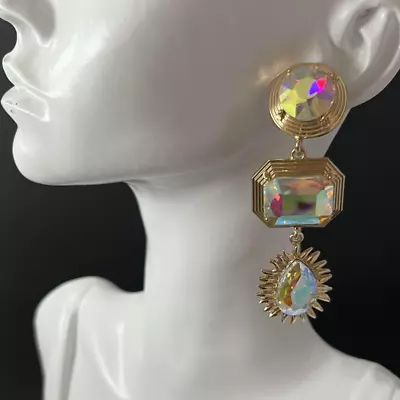 Iridescent Statement Earrings AB Glass Rhinestone Gold Tone Vtg 90s Style Runway • $6.99