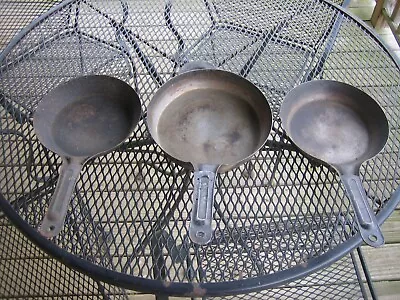 3 Vintage Cowboy Campfire Cold Handle Steel Frying Pans Two 9  & One 10.25  • $39.95