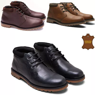 Mens Leather Boots Hiking Ankle Walking Combat Army Desert Chukka Work Shoes • £19.95