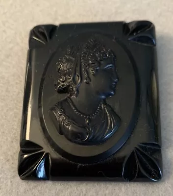 Vintage Bake Light Victorian Mourning Cameo Brooch Black Pin Large Square • $10