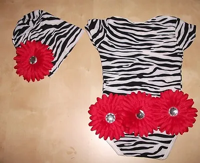 Baby Girl Large Flower Romper & Hat Set Zebra Print Size 0 - 24 Months • £9.99