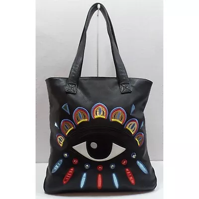 Tata Tatitio Black Pebbled Leather Large Tote Bag Embroidered Eye #H041 • $28.49