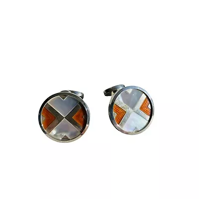 Robert Talbott Cuff Links Orange Sterling Silver Circle Mother Of Pearl NWT $325 • $125