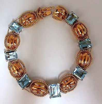 Aquamarine Bracelet Vintage 16.40ct (7) Emerald Cuts 18kt Chain Link+ • $4500