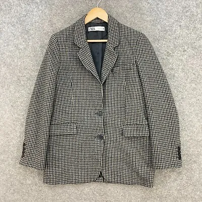 Zara Jacket Womens S Small Houndstooth Grey Wool Blend Lined Blazer A9304 • $39.96