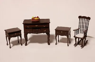 Dollhouse Miniature Queen Anne Dresser Set With Fruit Bowl 1:24 1/2 Scale Brown • $42.99