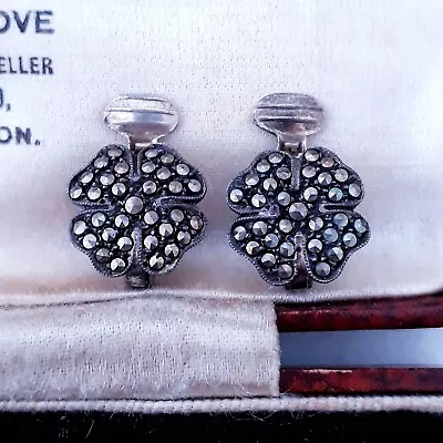 Vintage Signed Sterling Silver Lucky Four-leaf Clover Marcasite Clip-on Earrings • £12.99