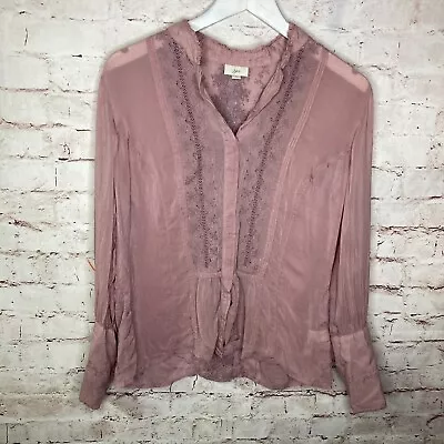 J. Jill Size Small Mauve Pink Lace Accent Embroidered Semi Sheer Long Sleeve Top • $11.87