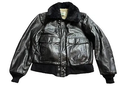 Gino Leathers Bomber Jacket USA Faux Fur Collar Black G1 Style 44 Reg Vintage • $89.23