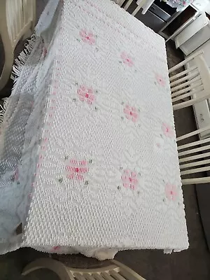 Vtg Cutter Chenille Upcycle OR Use Bedspread Floral Pink 90x100  Full Cotton  • $17.99