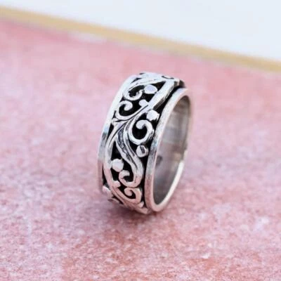 £25 • Buy Mens Womens 925 Sterling Silver Vines Scrolls Spinning Worry Band Thumb Ring N2