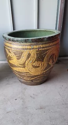 Lg Vintage Chinese Dragon Egg Pot Jardiniere Planter 18  Textured Dragon Pot • $695