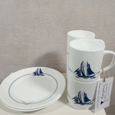 Nautical Sailing Boat Ship Blue White Ceramic Cups Tea X4 & 2X Biscuit Plates • £24.99