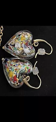 Murano Earrings Featuring Gold & Bronze Foil Multicolored Venetian Glass Hearts • $35