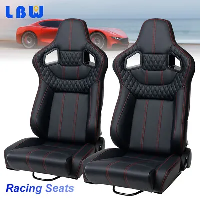 2 Pcs Racing Seats Pu Leather Bucket Seats Recline Red Vertical Line W/2 Sliders • $389.74