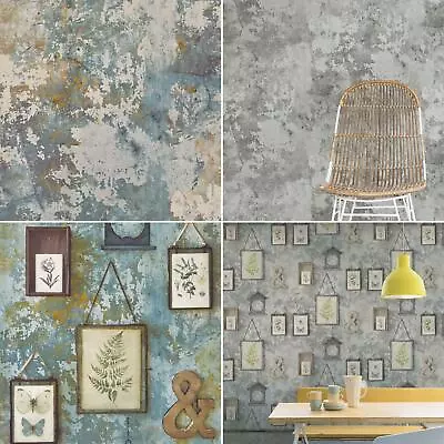 GranDeco Tempera Distressed Concrete Stone Frames Textured Wallpaper - Blue Grey • £18.95