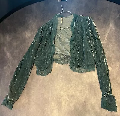 Free People Bolero Shrug Green Velvet Lace Size 8 One Loose Button • $10