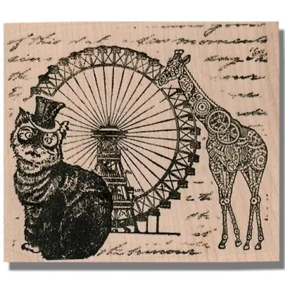 Script Writing Collage RUBBER STAMP Cat Giraffe Steampunk Gears Mixed Media • $16.74