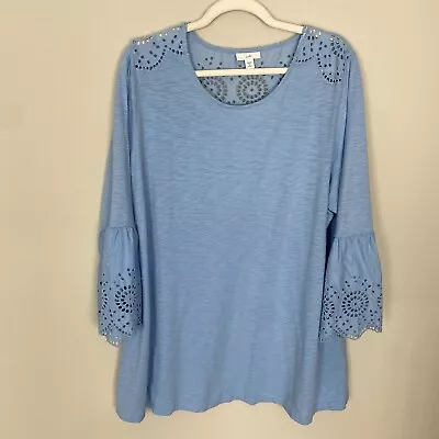 J Jill Eyelet Blue Blouse Shirt Bell Sleeve Womens 2X Modal Blend • $24.95