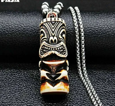 £9.99 • Buy Hand Carved Maori Tiki Man Pendant Necklace Tribal Surfer Face Totem Steel Chain