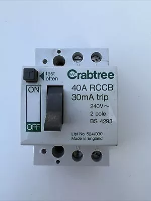 CRABTREE 40 AMP 30mA DOUBLE POLE RCCB RCD 524/030 • £12.50